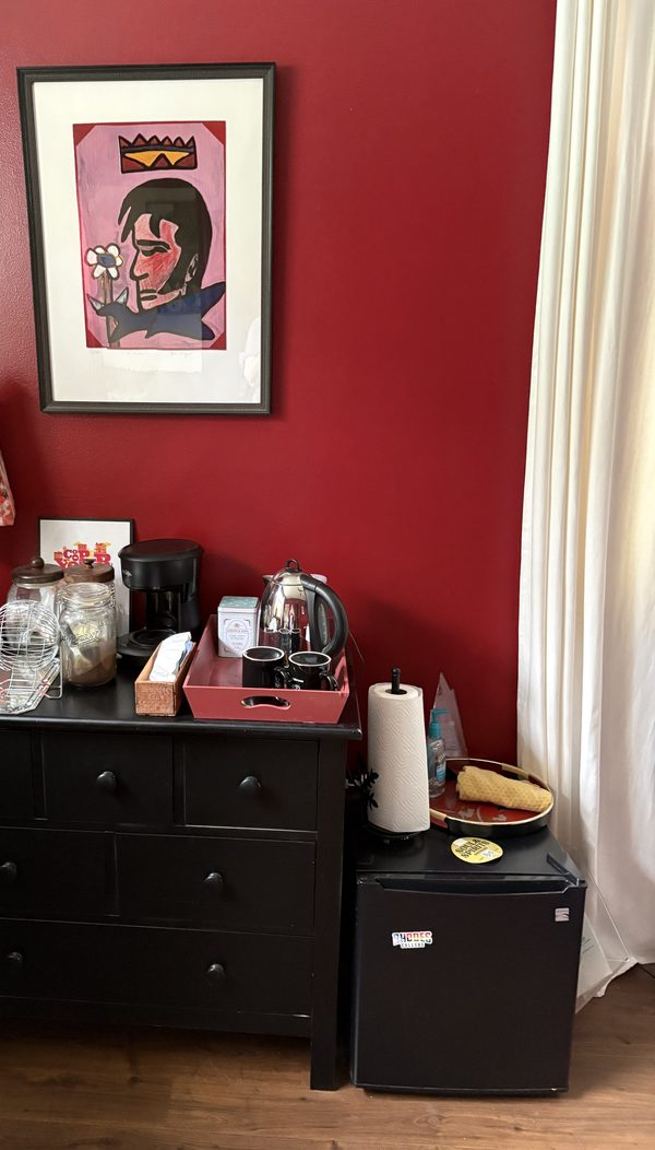 Coffee and tea station with mini fridge